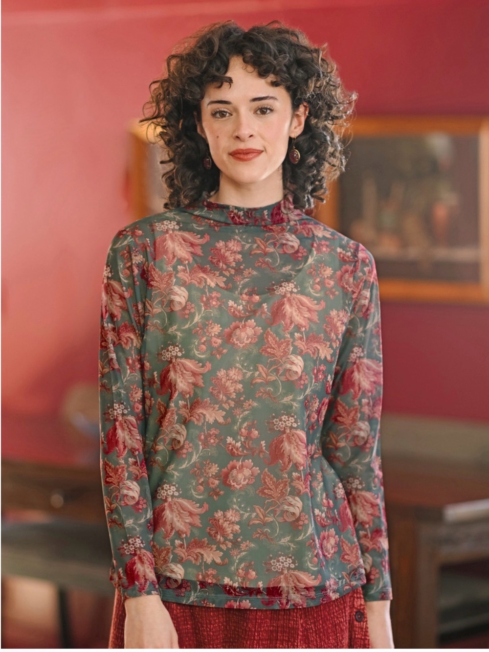 April Cornell XXL Mesh Floral Mock Neck Long Sleeve Romantic Feminine Top Layer